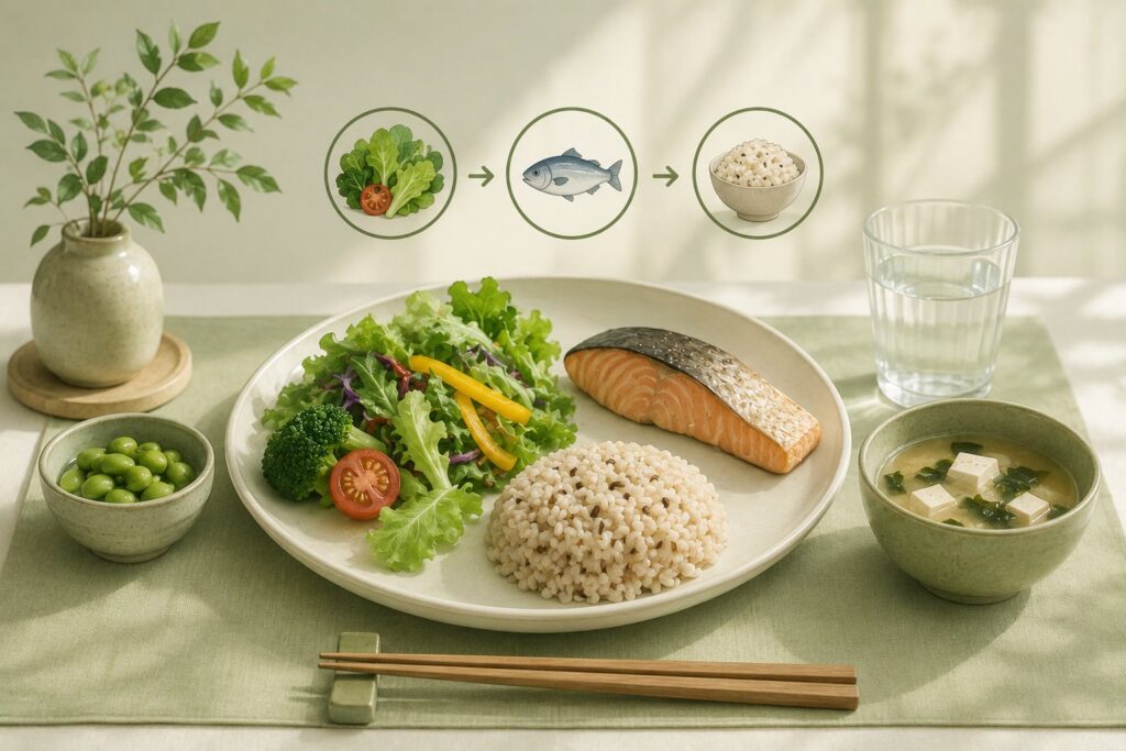 控糖餐盤示意：生菜沙拉、烤鮭魚、糙米飯與進食順序圖示——先吃蔬菜、再吃蛋白質、最後吃澱粉