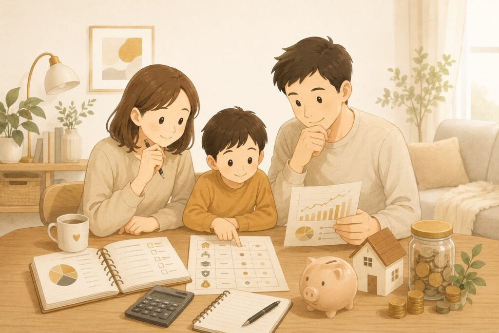插畫：一家三口在餐桌前一起盤點家庭現金流——記帳本、計算機、存錢罐，檢查收支與緊急預備金