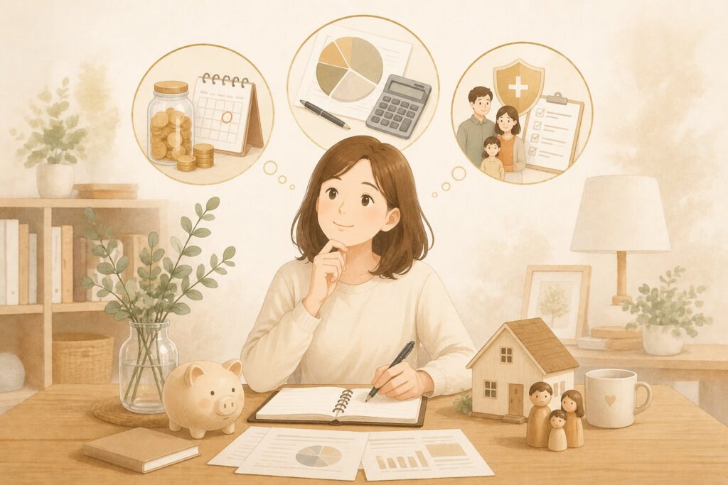 插畫：媽媽在書桌前寫筆記思考家庭財務——存錢罐、記帳本、家庭保障，盤點財務安全感的三個問題
