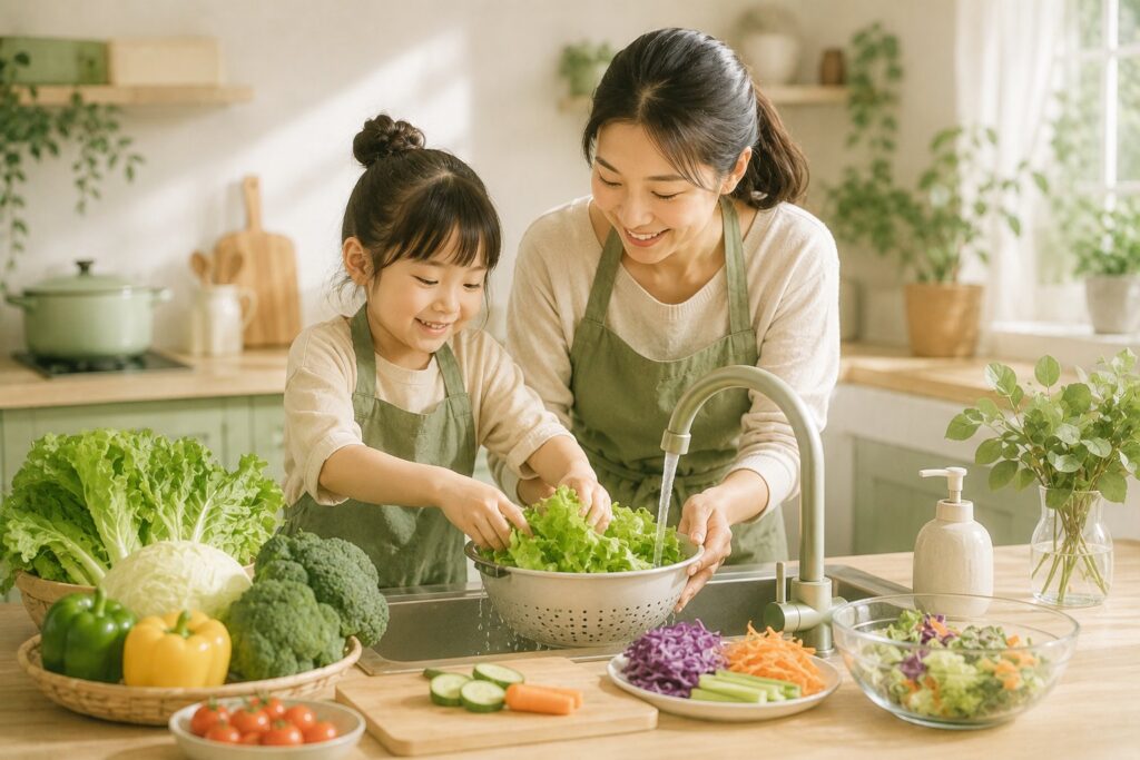 媽媽陪孩子在廚房一起洗蔬菜、備餐——讓孩子參與做菜過程，提高吃菜意願